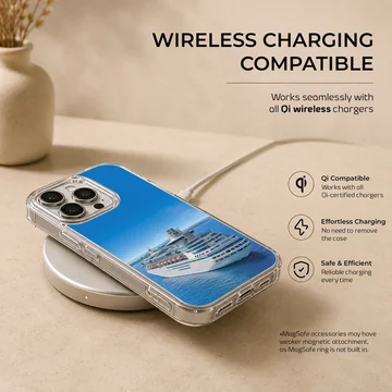 Photographic artwork of a cruise ship on a serene blue sea phone case — Charging