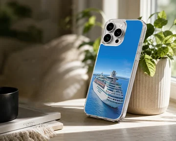 Photographic artwork of a cruise ship on a serene blue sea phone case — Lifestyle