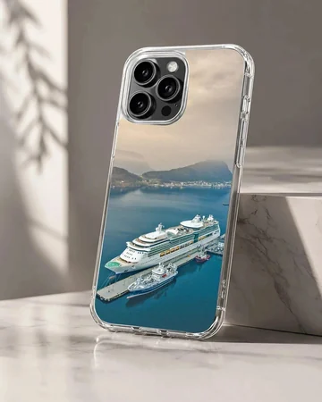A beautiful cruise ship docked in serene blue waters, phone case
