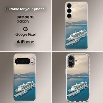 A beautiful cruise ship docked in serene blue waters, phone case — Collage