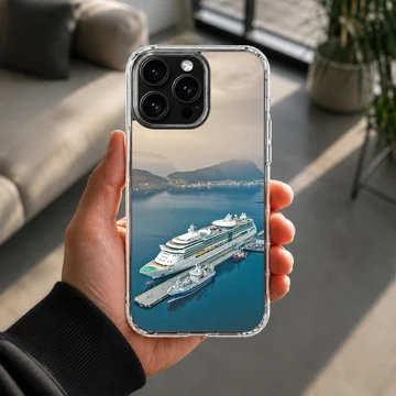 A beautiful cruise ship docked in serene blue waters, phone case — Lifestyle