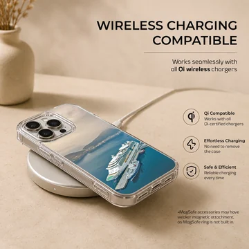 A beautiful cruise ship docked in serene blue waters, phone case — Charging