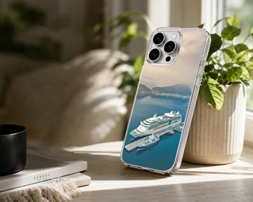 A beautiful cruise ship docked in serene blue waters, phone case — Lifestyle