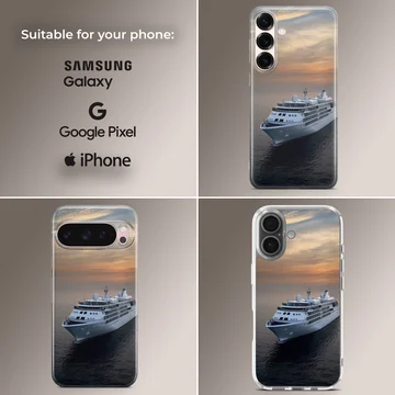 A white cruise ship sailing across dark ocean waters beneath a warm sunset sky on a phone case. — Collage
