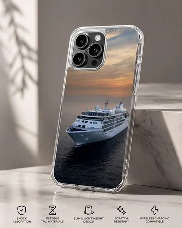 A white cruise ship sailing across dark ocean waters beneath a warm sunset sky on a phone case. — Specs