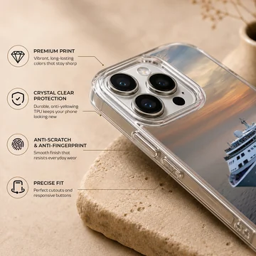A white cruise ship sailing across dark ocean waters beneath a warm sunset sky on a phone case. — Info