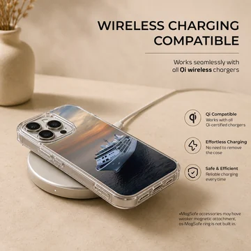 A white cruise ship sailing across dark ocean waters beneath a warm sunset sky on a phone case. — Charging