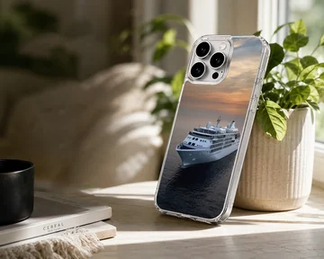 A white cruise ship sailing across dark ocean waters beneath a warm sunset sky on a phone case. — Lifestyle