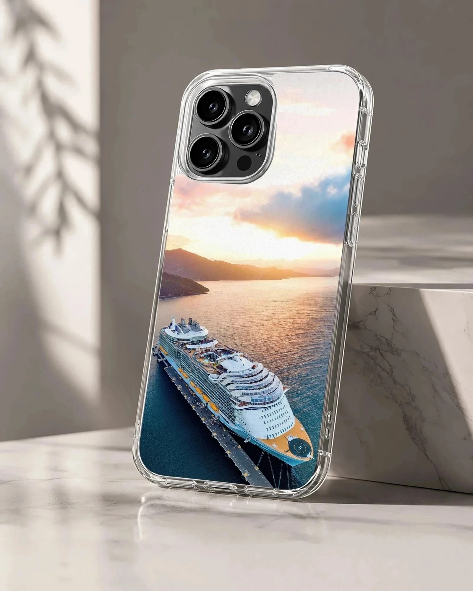 A stunning cruise ship at sunset, showcased on a phone case