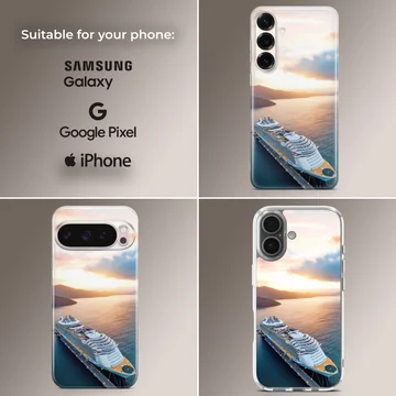 A stunning cruise ship at sunset, showcased on a phone case — Collage