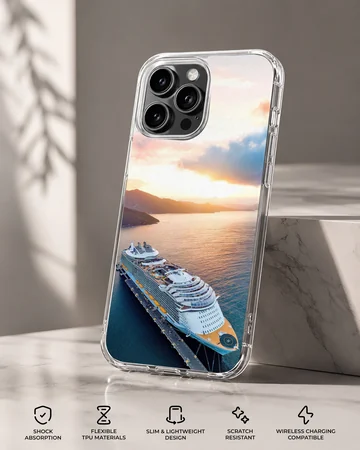 A stunning cruise ship at sunset, showcased on a phone case — Specs
