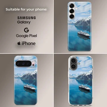 A breathtaking view of cruise ships on calm turquoise waters with mountains in the background, phone case — Collage