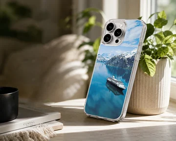 A breathtaking view of cruise ships on calm turquoise waters with mountains in the background, phone case — Lifestyle