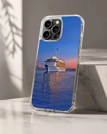Serene sunset scene with a cruise ship on the water phone case