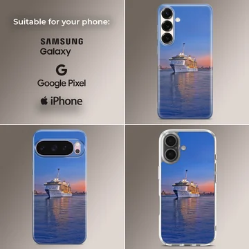 Serene sunset scene with a cruise ship on the water phone case — Collage