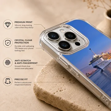 Serene sunset scene with a cruise ship on the water phone case — Info