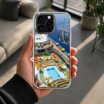 Photographic artwork of a cruise ship with a swimming pool and ocean view phone case — Lifestyle