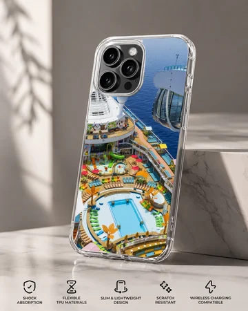Photographic artwork of a cruise ship with a swimming pool and ocean view phone case — Specs