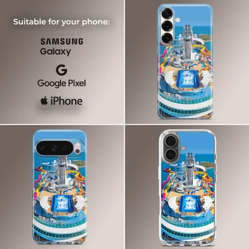 Aerial view of a colorful cruise ship with pools and attractions, phone case — Collage