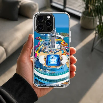Aerial view of a colorful cruise ship with pools and attractions, phone case — Lifestyle