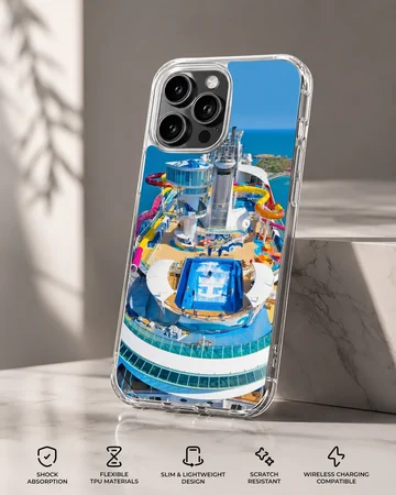 Aerial view of a colorful cruise ship with pools and attractions, phone case — Specs