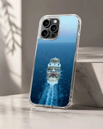 Photographic artwork of a cruise ship navigating blue waters phone case
