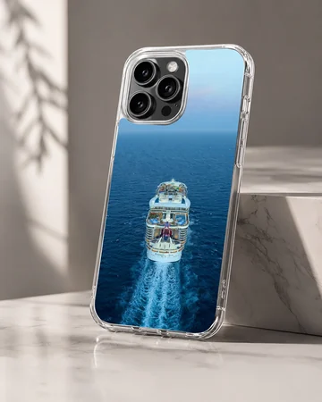 Photographic artwork of a cruise ship navigating blue waters phone case — Hero