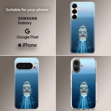 Photographic artwork of a cruise ship navigating blue waters phone case — Collage