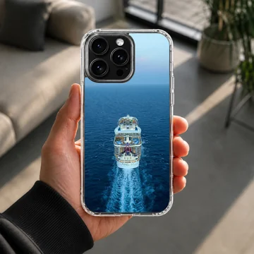 Photographic artwork of a cruise ship navigating blue waters phone case — Lifestyle