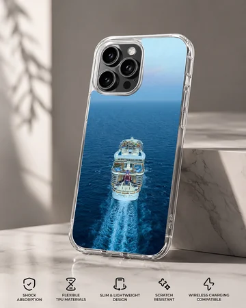 Photographic artwork of a cruise ship navigating blue waters phone case — Specs