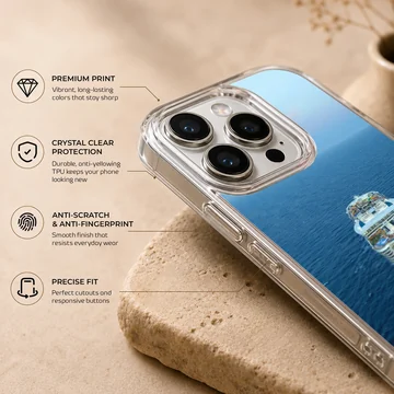 Photographic artwork of a cruise ship navigating blue waters phone case — Info