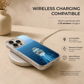 Photographic artwork of a cruise ship navigating blue waters phone case — Charging