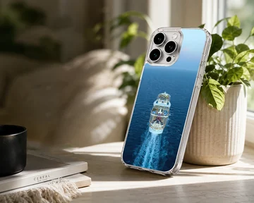 Photographic artwork of a cruise ship navigating blue waters phone case — Lifestyle