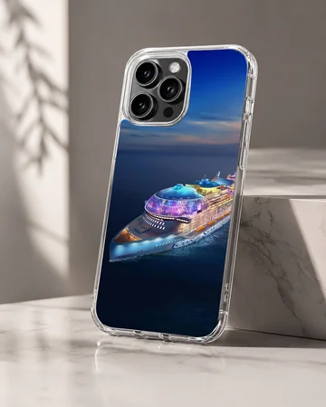 Beautiful cruise ship sailing on a serene ocean at sunset phone case — Hero