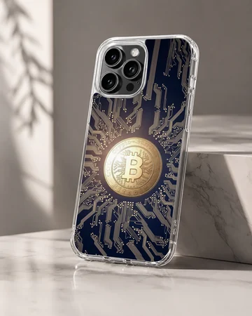 Dynamic Bitcoin design with circuit pattern on phone case — Hero