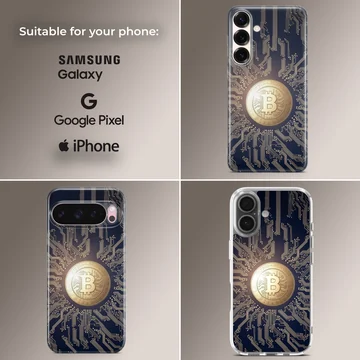 Dynamic Bitcoin design with circuit pattern on phone case — Collage