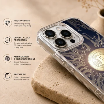 Dynamic Bitcoin design with circuit pattern on phone case — Info