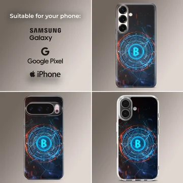 Futuristic Bitcoin design on a crypto phone case — Collage