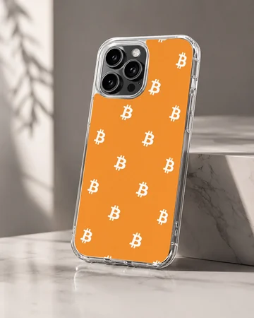 Playful bitcoin design on an orange background phone case — Hero
