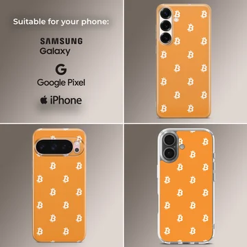 Playful bitcoin design on an orange background phone case — Collage