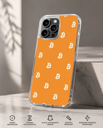 Playful bitcoin design on an orange background phone case — Specs