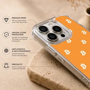 Playful bitcoin design on an orange background phone case — Info