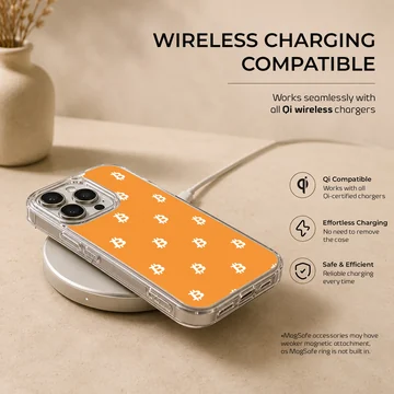 Playful bitcoin design on an orange background phone case — Charging