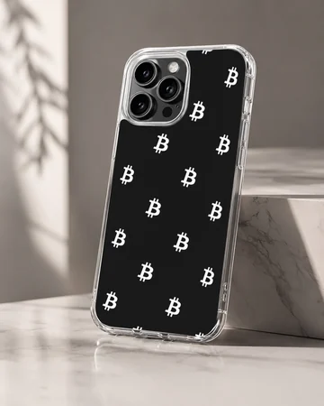 Crypto-themed phone case with white Bitcoin symbols on a black background — Hero