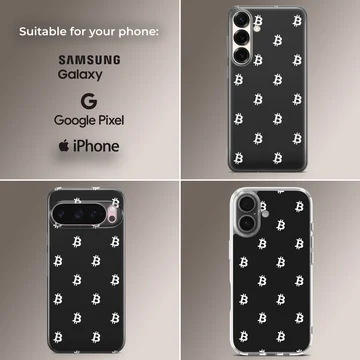 Crypto-themed phone case with white Bitcoin symbols on a black background — Collage