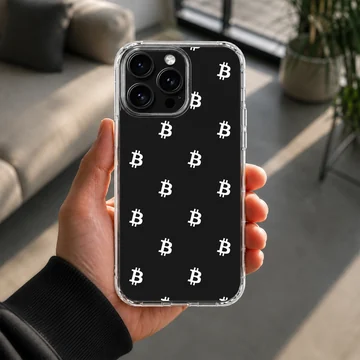Crypto-themed phone case with white Bitcoin symbols on a black background — Lifestyle