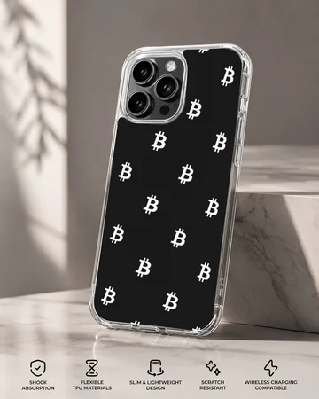Crypto-themed phone case with white Bitcoin symbols on a black background — Specs