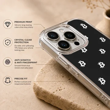 Crypto-themed phone case with white Bitcoin symbols on a black background — Info