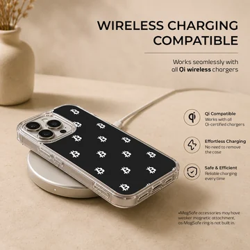 Crypto-themed phone case with white Bitcoin symbols on a black background — Charging