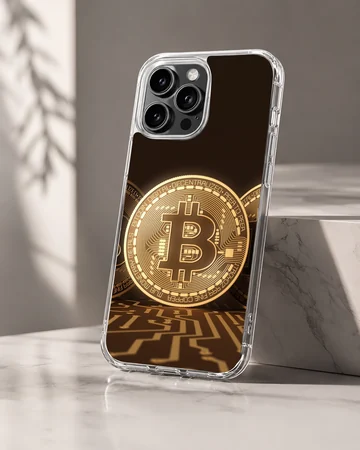 Golden Bitcoin design on a sleek phone case — Hero